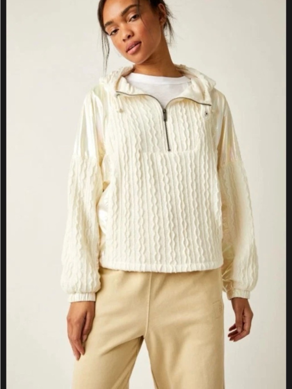 Free People Movement Sweetest Cream Cable Knit Half-Zip Hoodie Size Medium NWT